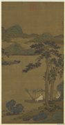 元赵孟頫松阴晚棹图　轴,绘画,山水,树木,船,人物,花草,器用