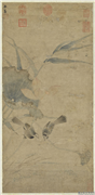 元赵孟頫荷花水鸟图　轴,绘画,花草,翎毛,水中动植物,果蔬,建筑