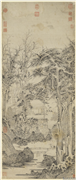 元曹知白松窗乐趣　轴,绘画,山水,树木,建筑,人物,翎毛,佛道人物,器用