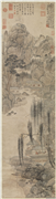 元张雨仿郑虔林亭秋爽图　轴,绘画,山水,树木,建筑,人物,船,器用