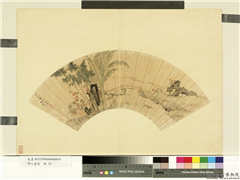 明人画扇　册　明王维烈蕉竹林亭,绘画,树木,建筑,山水,花草,翎毛