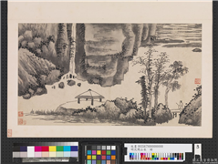 明沈周山水　册　策杖观瀑,绘画,山水,人物,树木,建筑