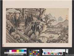 明沈周山水　册　策蹇渡桥,绘画,山水,人物,树木,走兽,建筑