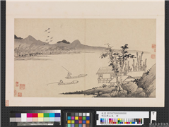 明沈周山水　册　双舟垂钓,绘画,山水,人物,佛道人物,花草,翎毛,建筑,船