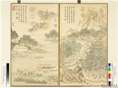 清金廷标画御制用庾信咏画屏风体　册　锦帆泾曲注,绘画,山水,人物,船,花草,树木,建筑,器用