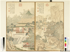 清金廷标画御制用庾信咏画屏风体　册　珠履陪芳醼,绘画,山水,建筑,人物,树木,花草,器用