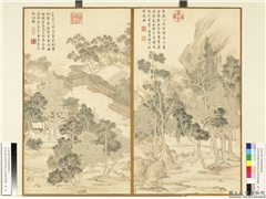 清金廷标画御制用庾信咏画屏风体　册　金风入闲庭,绘画,山水,建筑,人物,器用,树木,花草