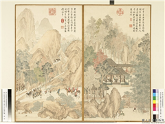 清金廷标画御制用庾信咏画屏风体　册　票姚成功还,绘画,经史-故事,山水,人物,树木,走兽,建筑,器用,花草