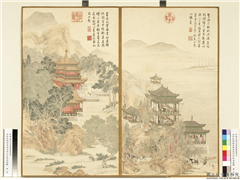 清金廷标画御制用庾信咏画屏风体　册　惊飇无静柯,绘画,山水,建筑,人物,树木,走兽,器用,船,花草