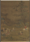 唐人春郊游骑图　轴,绘画,山水,人物,走兽,翎毛,器用,树木