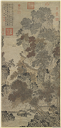 五代梁关仝蜀山栈道图　轴,绘画,建筑,山水,人物,器用,船,树木,走兽