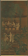 五代南唐周文矩荷亭奕钓仕女图　轴,绘画,人物,山水,花草,建筑,树木,器用