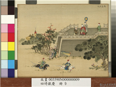 四时欢庆　册　高台试马,绘画,人物,树木,花草,走兽,建筑,器用