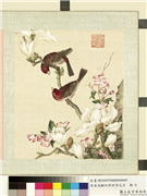 清屈兆麟仿郎世宁花卉　册　辛夷海棠酒红朱雀,绘画,花草,翎毛