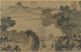 元吴镇画山水　卷,绘画,山水,人物,树木,走兽,建筑,船