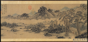 元王蒙松窗读易图　卷,绘画,山水,树木,人物,花草,建筑,船,器用