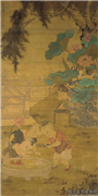 宋人子孙和合图　轴,绘画,人物,建筑,器用,树木,花草