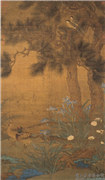 宋人画双松花鸟　轴,绘画,翎毛,树木,花草