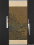 唐李思训江帆楼阁　轴,绘画,山水,树木,建筑,人物,船,走兽