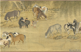 元人画百马图  卷,绘画,走兽,山水,人物,树木,器用