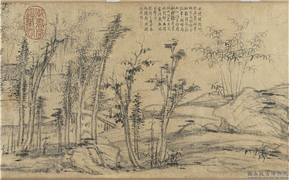 元倪瓒水竹居图　卷,绘画,山水,树木,建筑,佛道人物,花草,器用