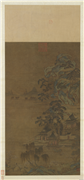 唐李昭道湖亭游骑　轴,绘画,山水,人物,树木,花草,走兽,建筑