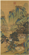 明仇英宝绘堂　轴,绘画,山水,建筑,人物,树木,花草,器用
