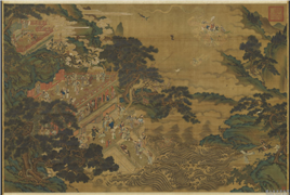 明仇英群仙会祝图　轴,绘画,经史-故事,佛道人物,山水,器用,建筑,走兽,花草,人物,水中动植物,翎毛,树木,果蔬