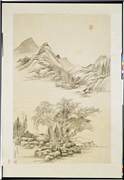 清钱维城秋溪飞瀑　轴,绘画,山水,树木,建筑,船,器用