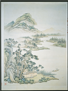 清袁瑛溪山放棹　轴,绘画,山水,建筑,船,人物,器用,树木,花草