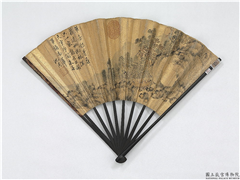 明沈周画竹林书屋　成扇,绘画,山水,人物,树木,建筑,器用