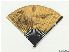 明唐寅画渔艇图　成扇,绘画,山水,人物,树木,船,建筑,器用