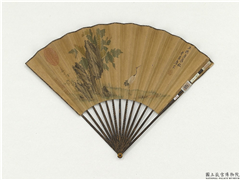 明唐寅画蕉石　成扇,绘画,建筑,翎毛,树木,山水,花草