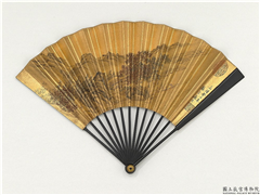 明唐寅画秋林图　成扇,绘画,山水,人物,船,树木,建筑,器用,花草