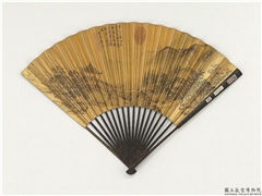 明唐寅画远眺图　成扇,绘画,山水,建筑,人物,树木