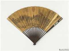 明唐寅画松林古寺　成扇,绘画,山水,建筑,树木,人物,走兽