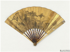 明仇英画松林古寺　成扇,绘画,山水,人物,建筑,树木