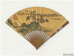 明仇英画观书图　成扇,绘画,山水,人物,船,器用,树木,花草