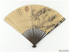 明董其昌画疏林亭子　成扇,绘画,山水,建筑,树木