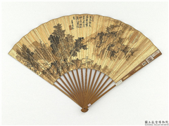 明袁尚统画仿梅道人　成扇,绘画,山水,树木,建筑,人物