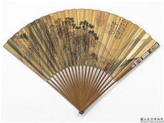明周臣画南岳寻秋　成扇,绘画,山水,树木,人物,建筑,走兽