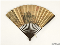 清人山水　成扇,绘画,山水,船,树木,建筑