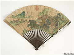 明人设色山水　成扇,绘画,山水,建筑,人物,树木
