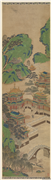 无款青绿汉宫夜宴图四屏　镜片　虹桥,绘画,山水,人物,树木,建筑