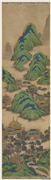 无款青绿汉宫夜宴图四屏　镜片　长松流水,绘画,山水,树木,建筑