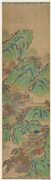 无款青绿汉宫夜宴图四屏　镜片　朱栏玉砌,绘画,山水,人物,树木,建筑