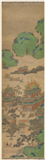 无款青绿汉宫夜宴图四屏　镜片　提灯赴会,绘画,山水,人物,树木,建筑,器用