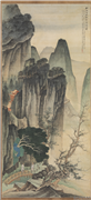 民国张大千秋壑鸣泉　轴,绘画,山水,树木,建筑,人物,器用