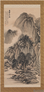 民国张大千仿巨然夏山图　轴,绘画,山水,树木,建筑,人物,器用