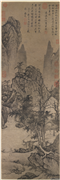 明王绂草堂云树　轴,绘画,山水,树木,建筑,器用,人物